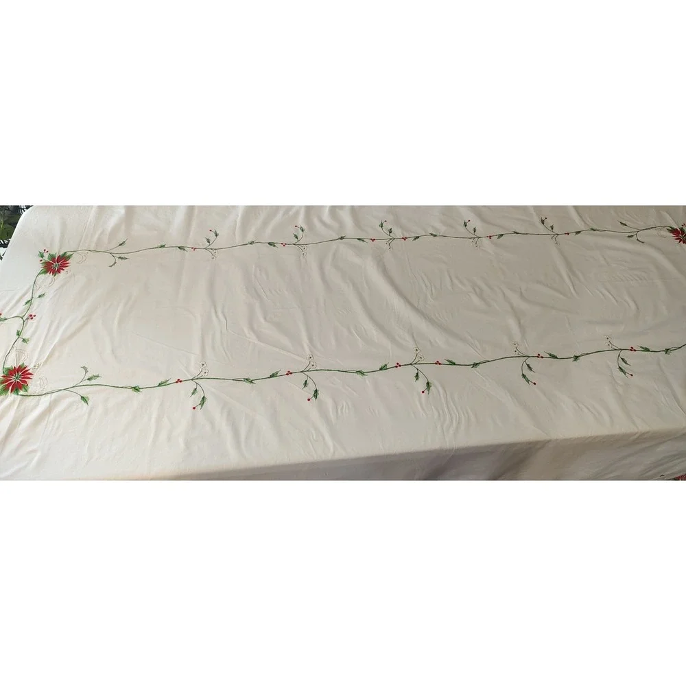 Embroidered Christmas Tablecloth Poinsettias Family Dinner Holiday 115x64 In SEE